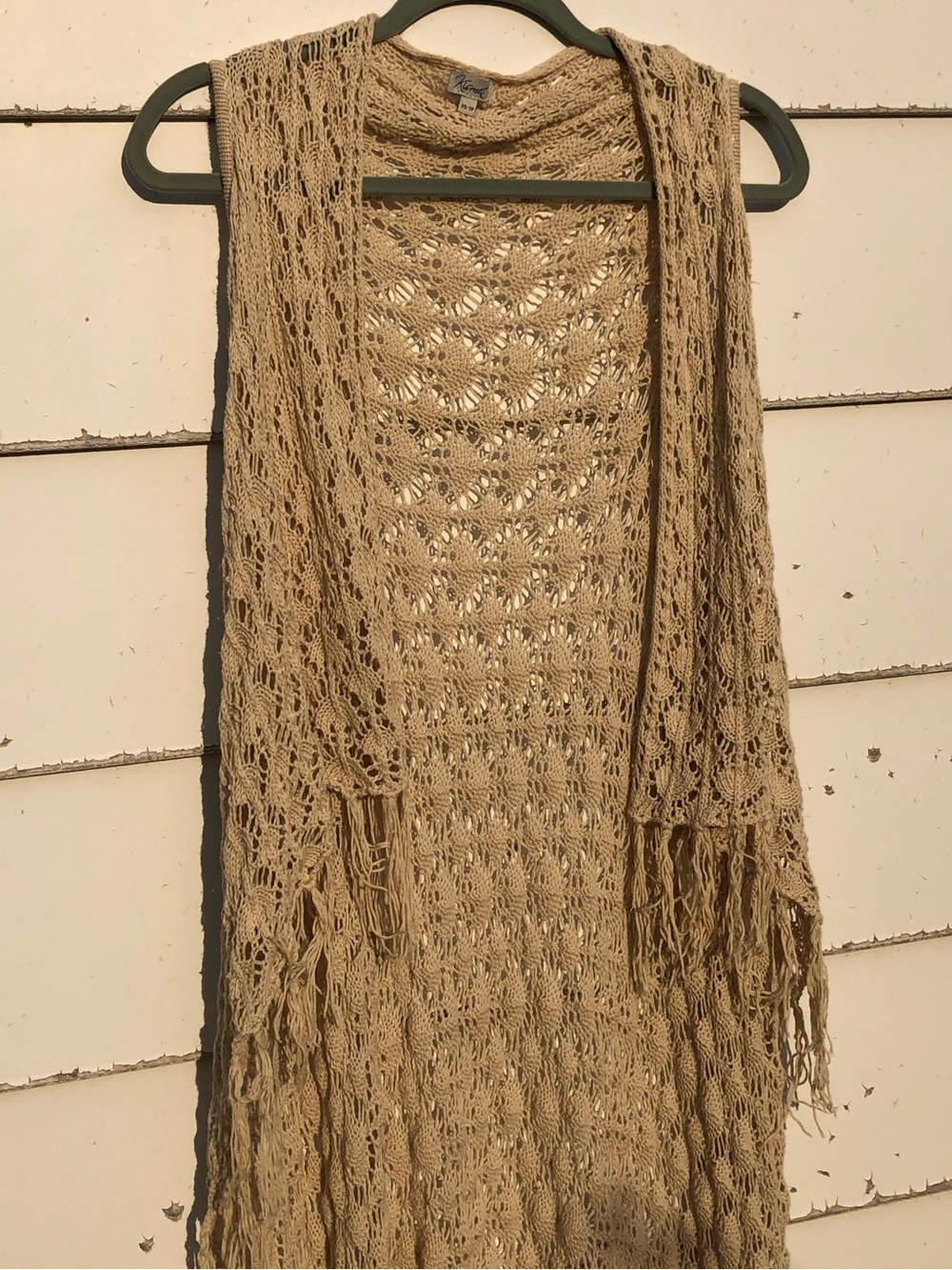 Kismet Open-Knit Fringe Duster Vest in Beige